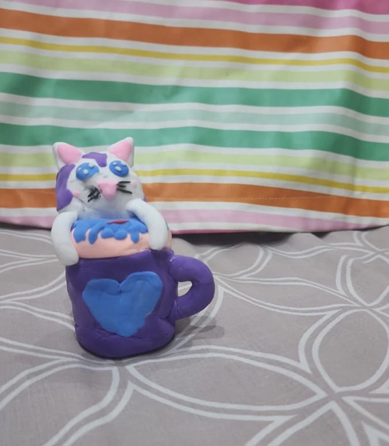 Handmade Clay Kitten in a Heart Mug Figurine